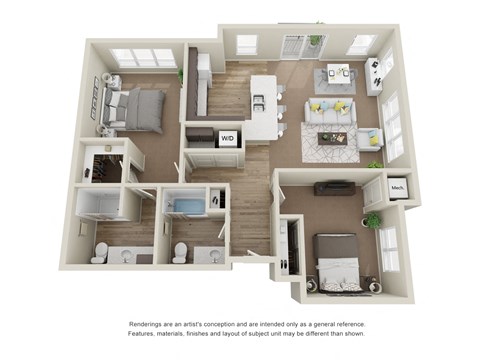 Floor plan for 2 beds, 2 baths, 1050 sqft